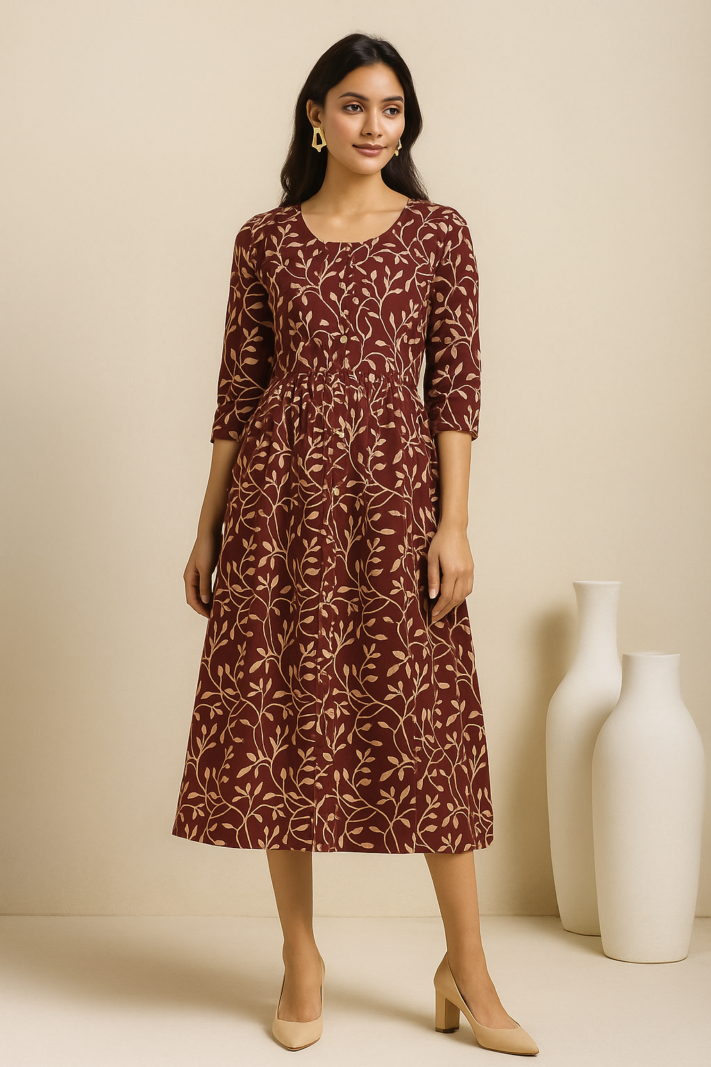 Elegant Model in Burgundy Midi Dress