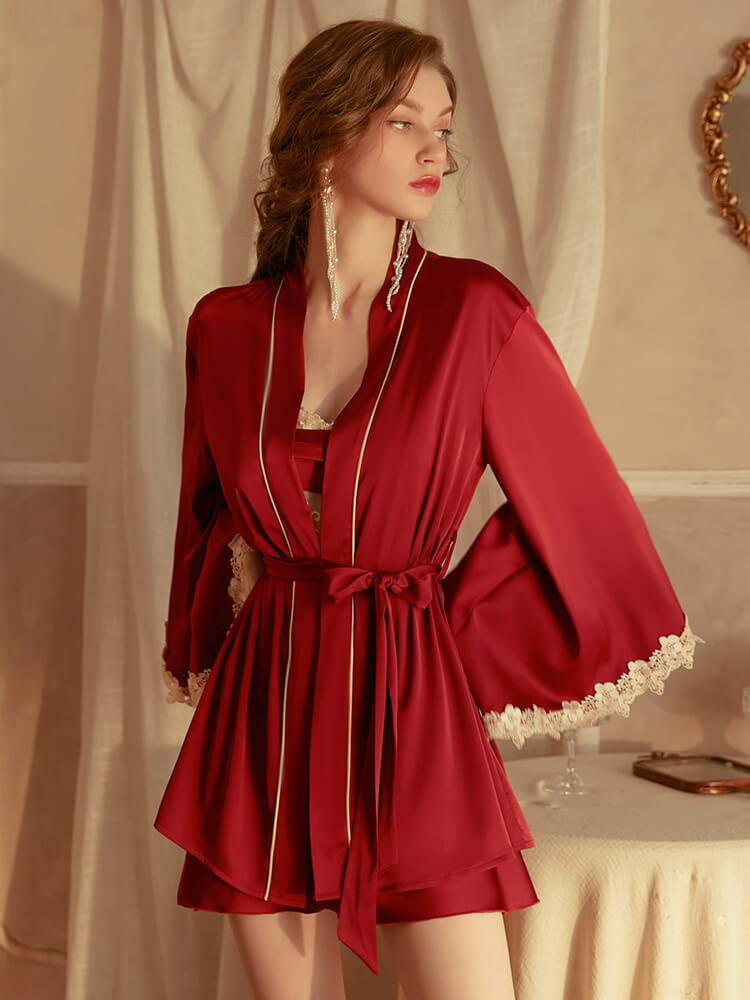 Lace Silk Robe Set, Sexy Lingerie Malaysia - Red (2)