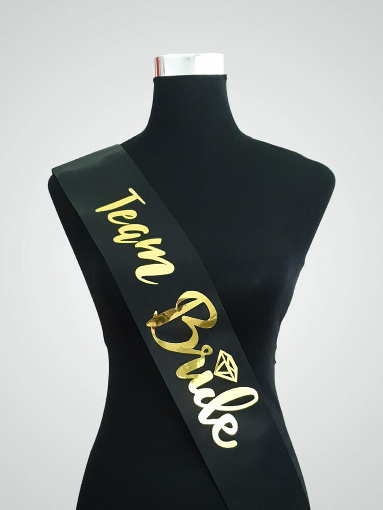 Team Bride Satin Sash - Black + Gold