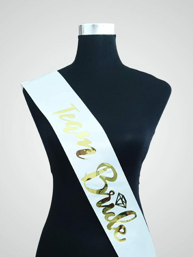 Team Bride Satin Sash - White + Gold