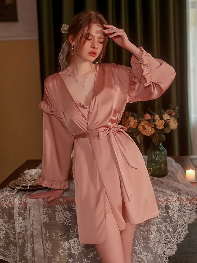 Silk Satin Nightdress with Robe - Rose Gold (3)