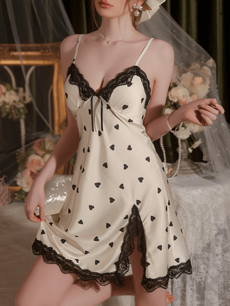 Silk Lingerie with Padding, Polka Dots Silk Nightdress (2)