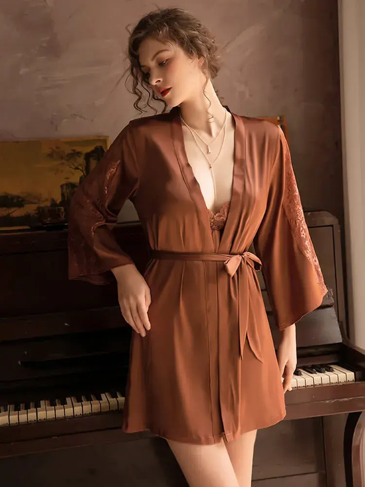 Lace Sleeve Robe, Silk Robe Lingerie, Night Robe Malaysia (5)