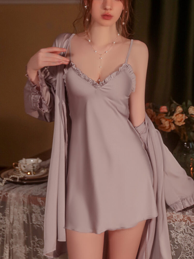 Silk Satin Nightdress with Robe - Purple (2)