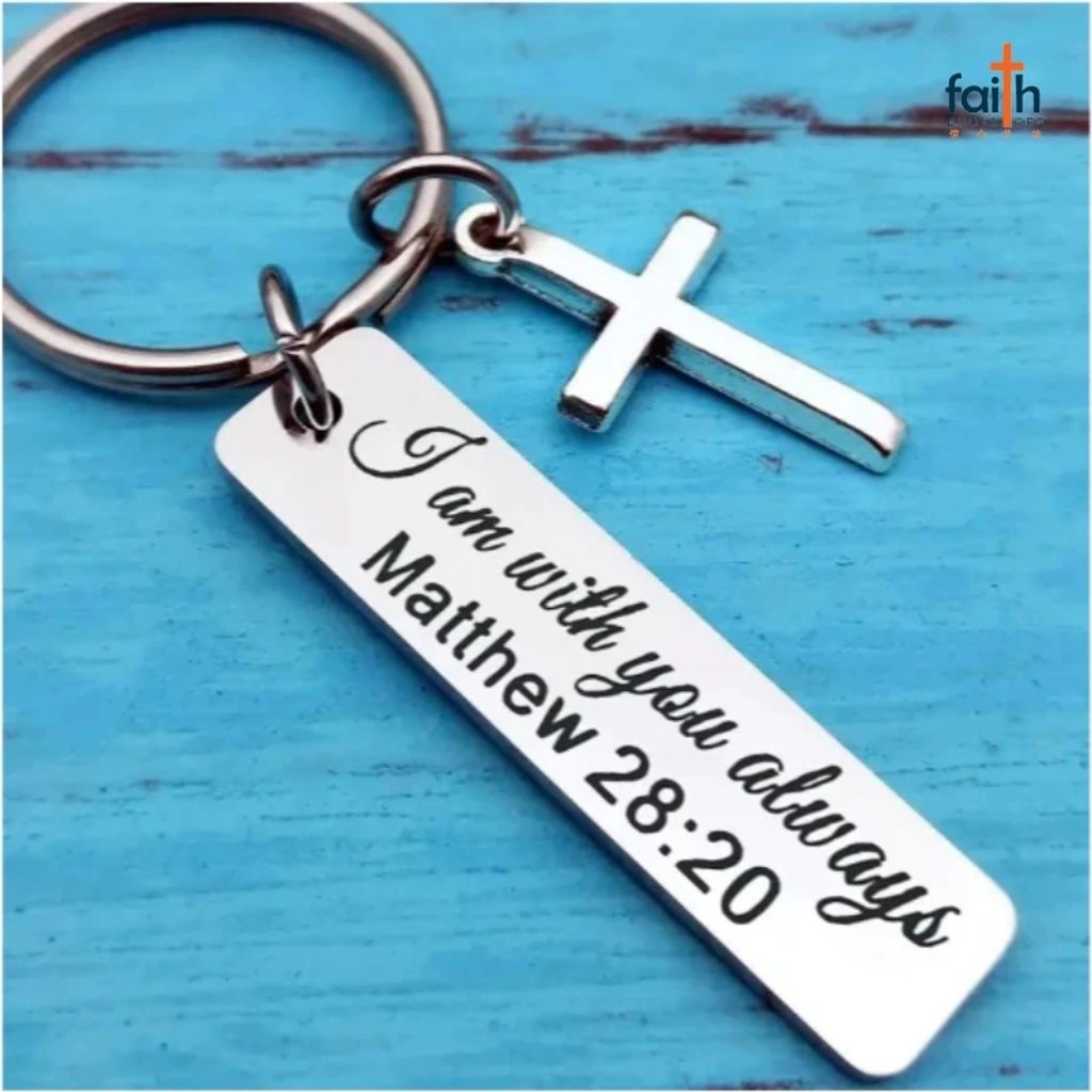 malaysia-online-christian-bookstore-faith-book-store-stainless-steel-laser-engraved-keychain-with-cross-pendant-english-bible-verse-scripture-keychains-经文-刻字-不锈钢-钥匙-扣-favor-bookstore-i-am-with-you-always