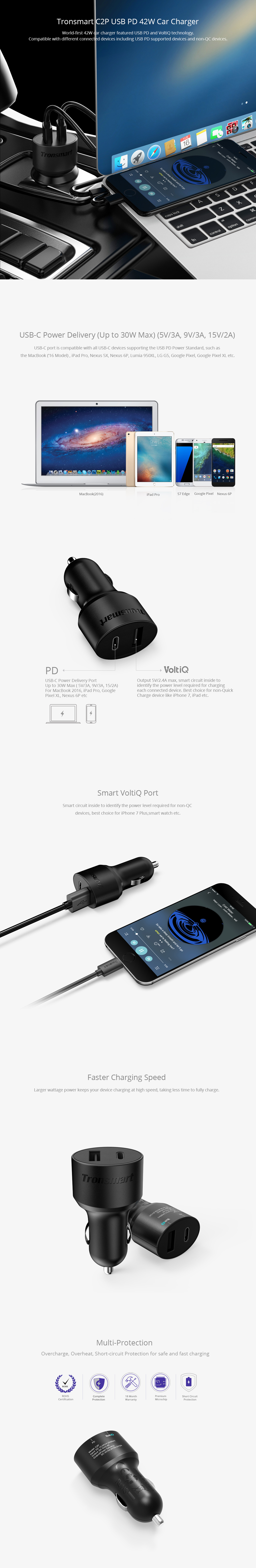 Tronsmart C2P USB C Dual Port Car Charger with Power Delivery (42W) Tronsmart C2P USB C Dual Port Car Charger with Power Delivery (42W)