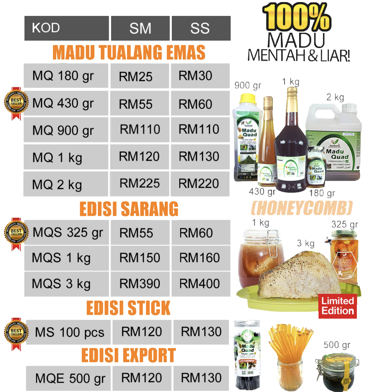 Senarai harga dan saiz madu quad