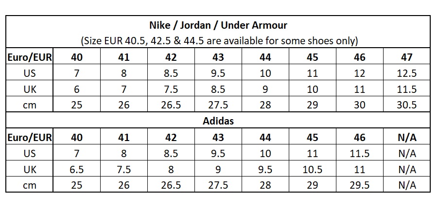 Shoe Size Chart – Basketball Footwear