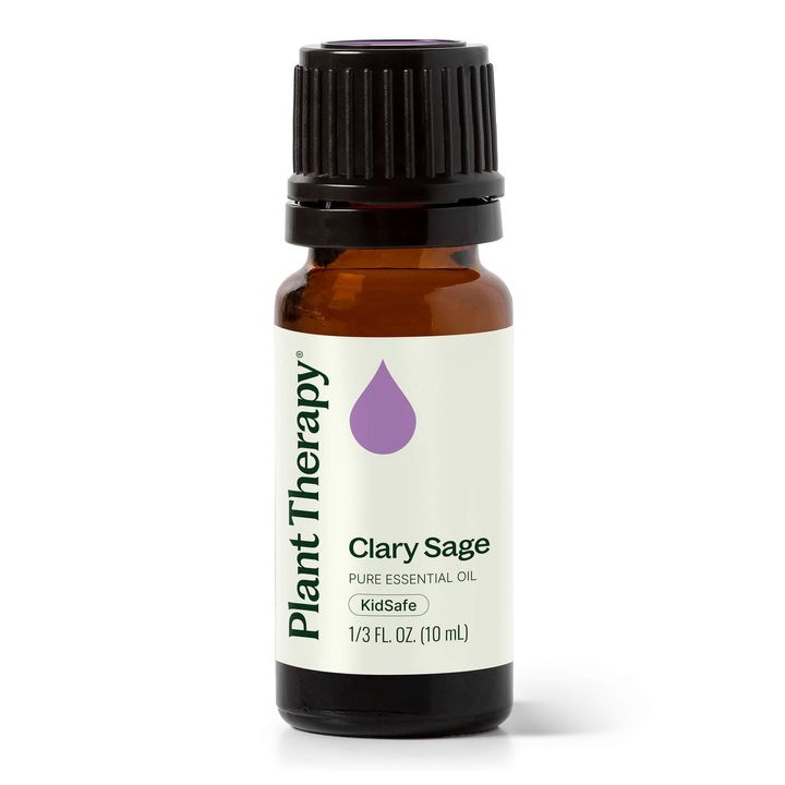 Plant Therapy Clary Sage Essential Oil bottle with earthy floral aroma