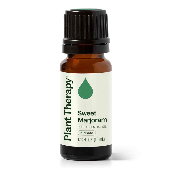 Plant Therapy Sweet Marjoram Essential Oil bottle with warm herbal aroma