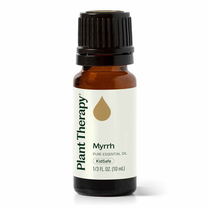 Plant Therapy Myrrh Essential Oil bottle with warm woody resinous aroma