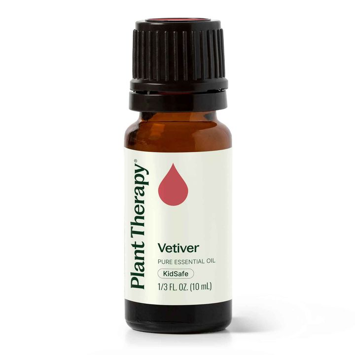 Plant Therapy Vetiver Essential Oil bottle with rich earthy aroma