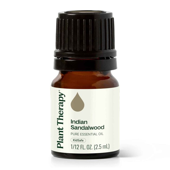 Plant Therapy Indian Sandalwood Essential Oil bottle with warm woodsy aroma