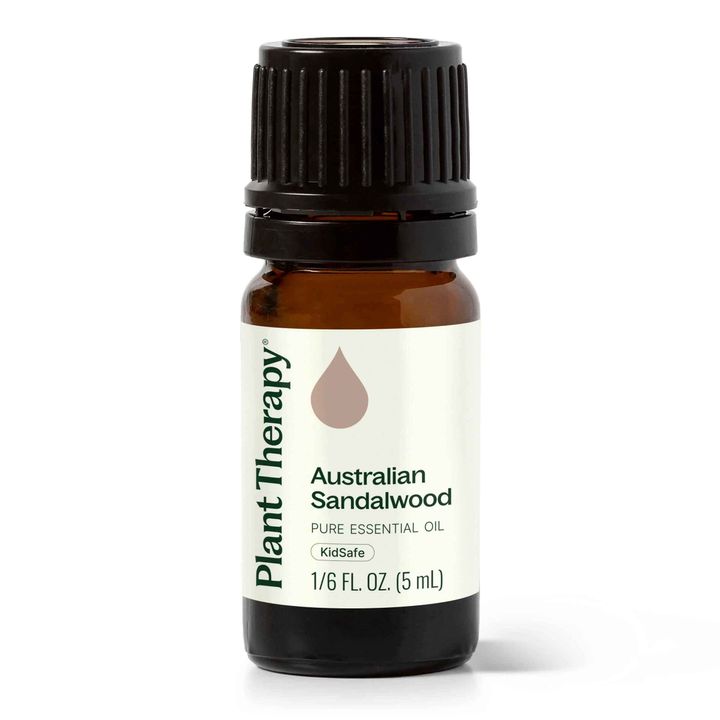 Plant Therapy Australian Sandalwood Essential Oil bottle with warm woodsy aroma