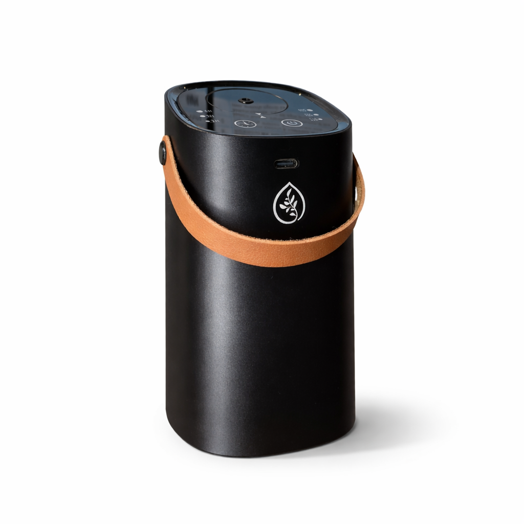 Black waterless car diffuser with essential oil mist – portable nebulizing diffuser for car aromatherapy