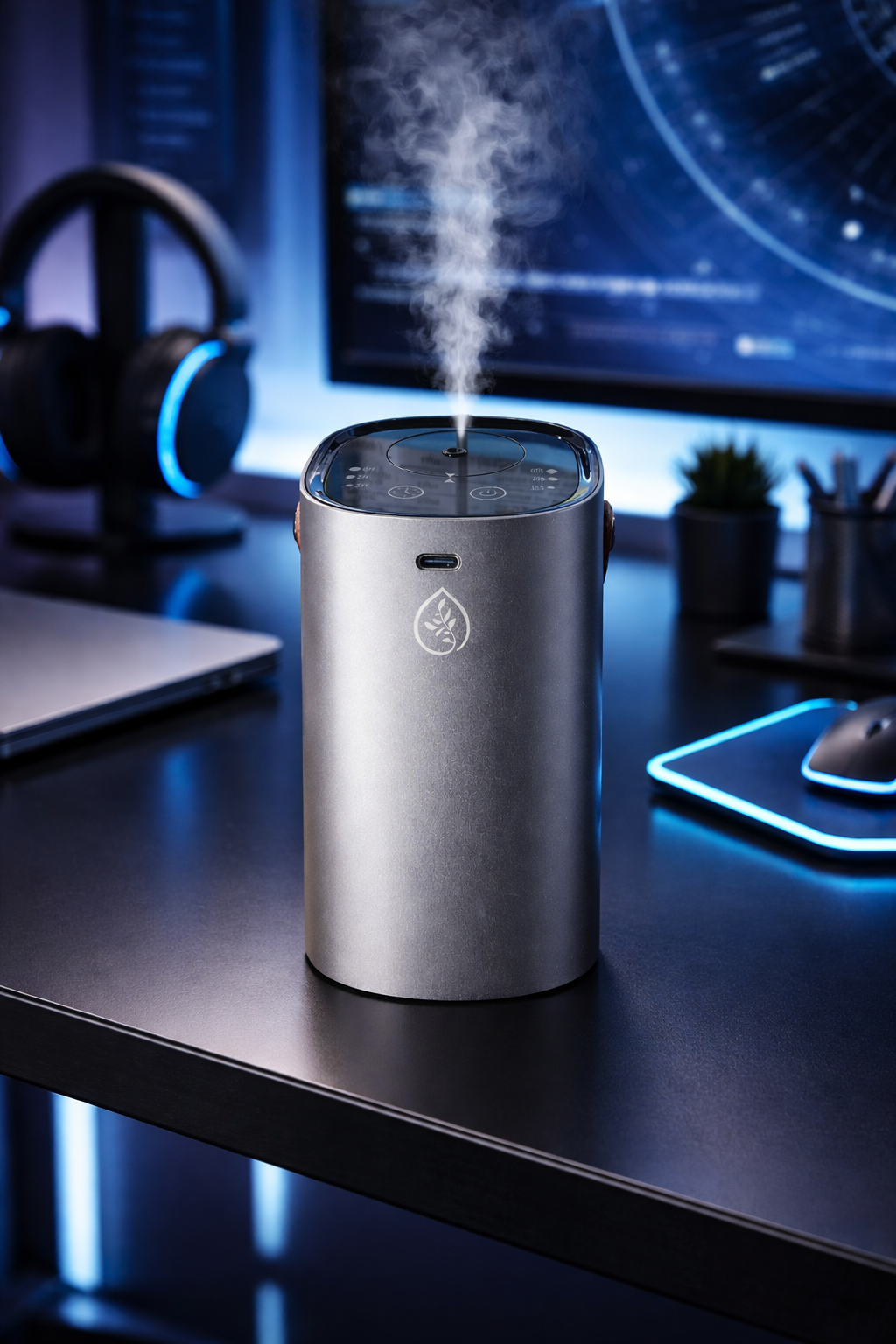 Grey waterless essential oil diffuser releasing mist on a modern desk – portable diffuser for car and workspace aromatherapy