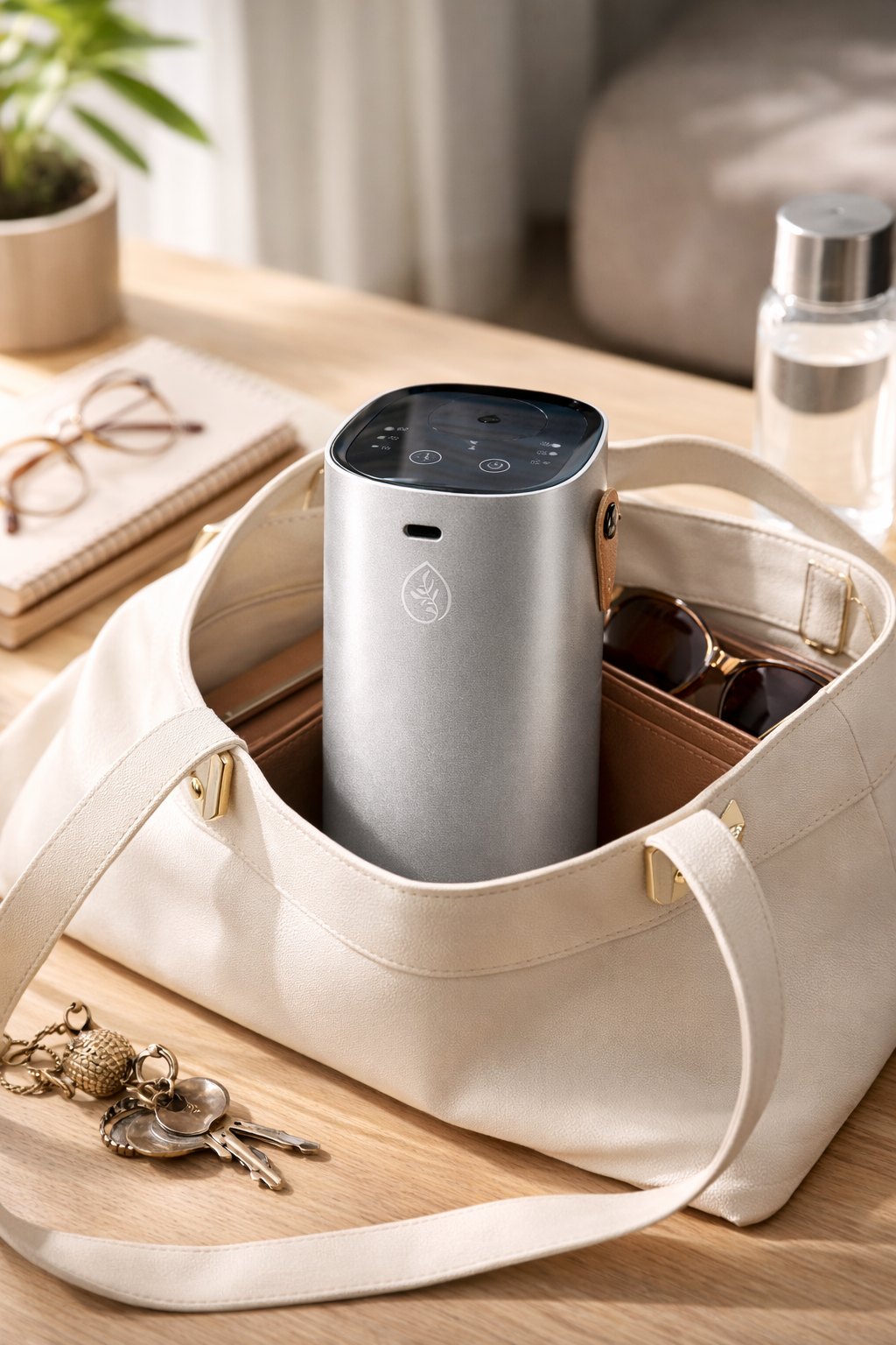 Sleek silver waterless essential oil diffuser releasing mist for modern car and desk use