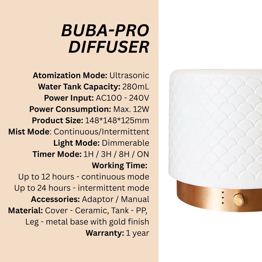 Buba-Pro ultrasonic diffuser specifications showing water capacity, timer modes and mist settings
