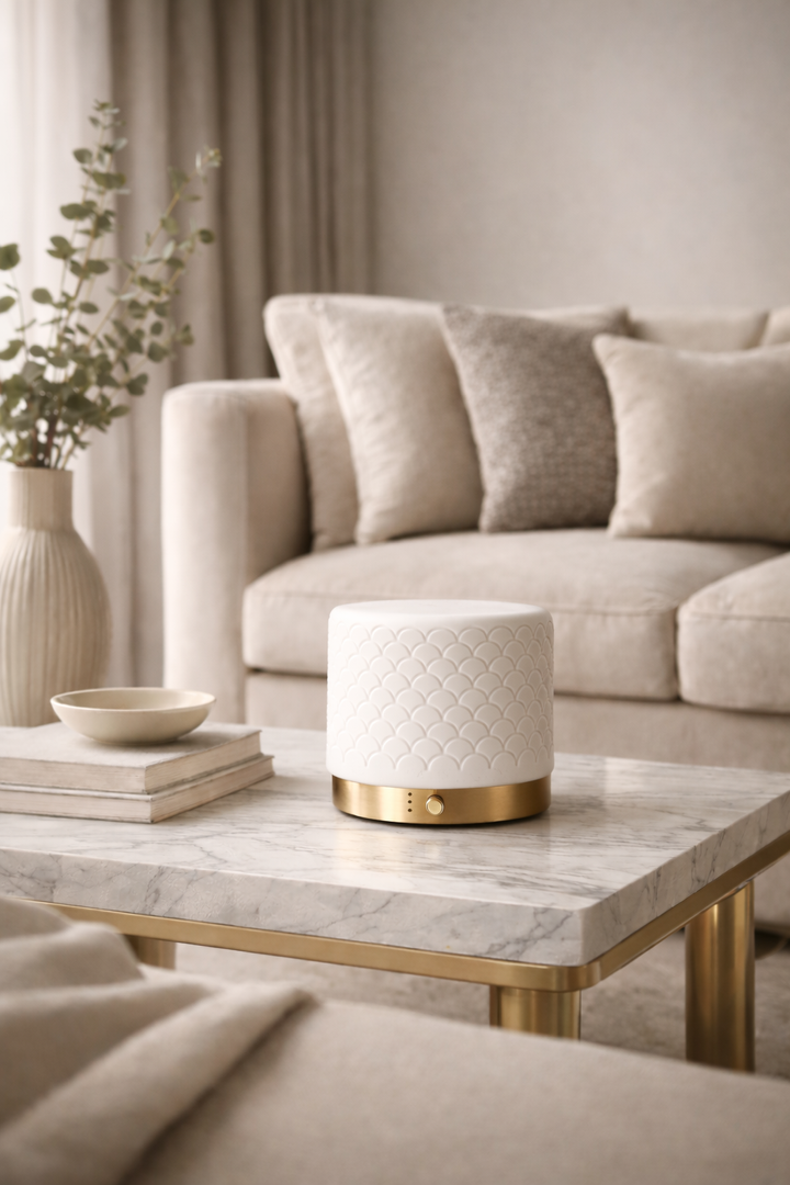 Buba-Pro ultrasonic essential oil diffuser creating a calm ambience with soft mist and warm lighting