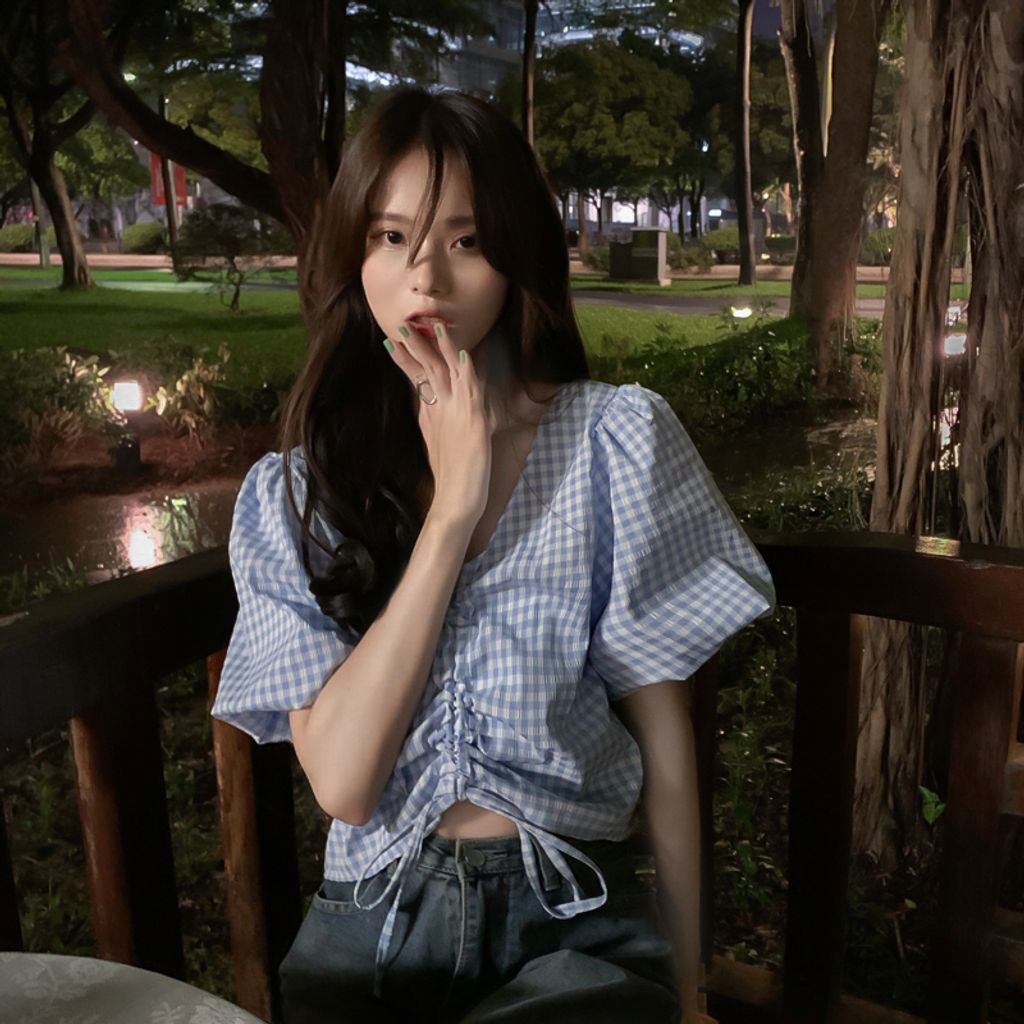 Short Sleeve Shirt Drawstring V-Neck Top
