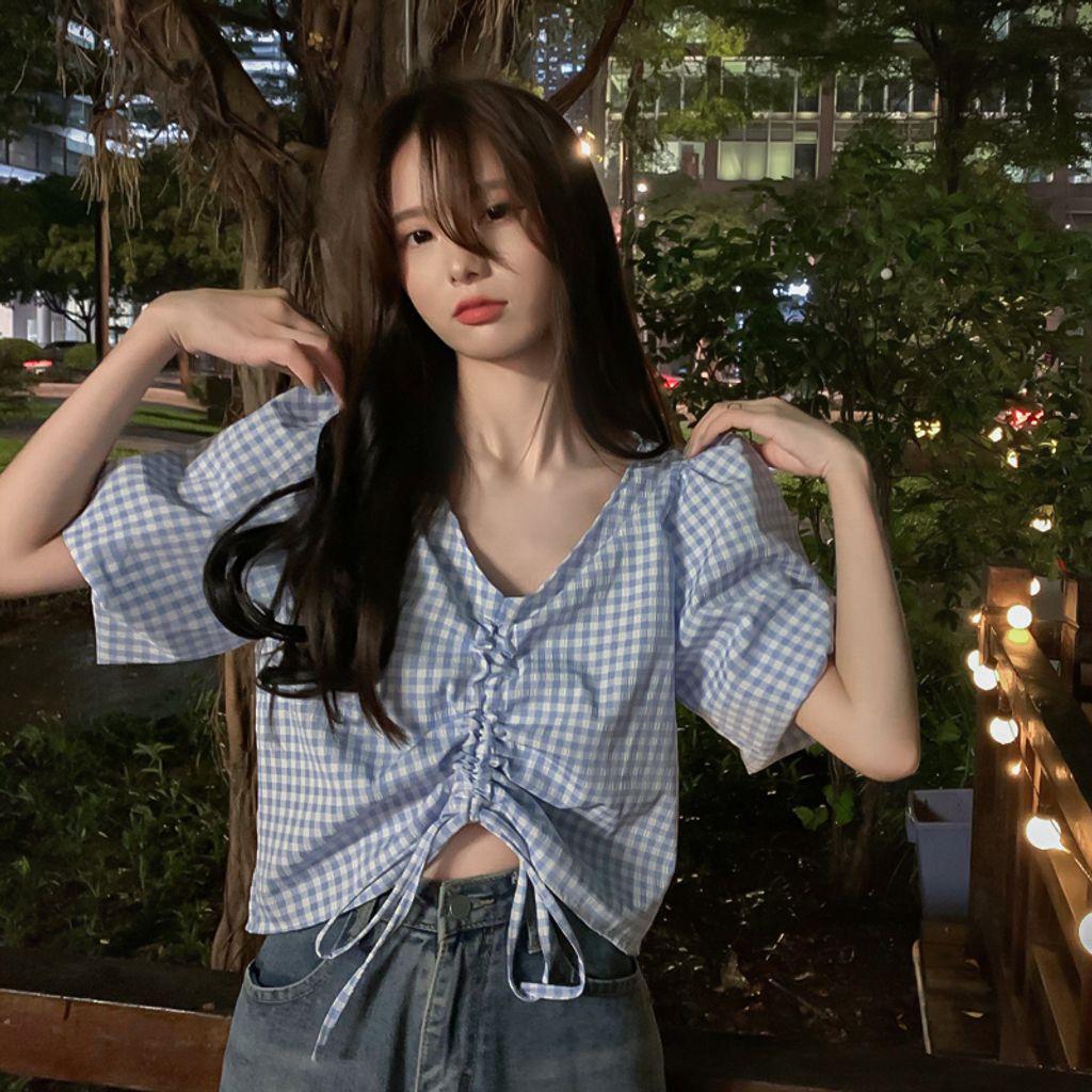 Short Sleeve Shirt Drawstring V-Neck Top