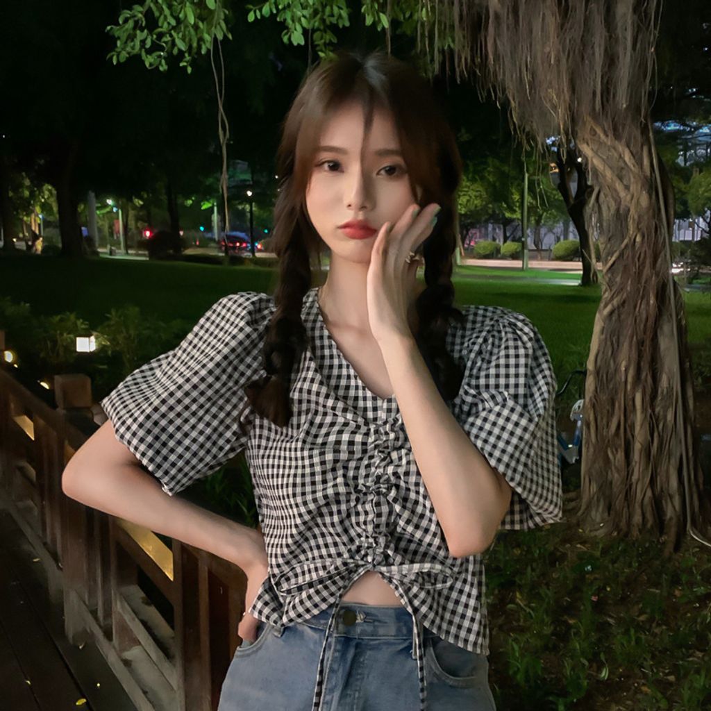 Short Sleeve Shirt Drawstring V-Neck Top