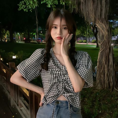 Short Sleeve Shirt Drawstring V-Neck Top