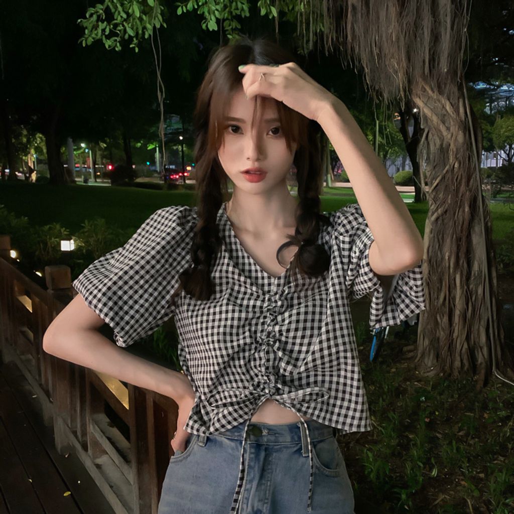 Short Sleeve Shirt Drawstring V-Neck Top