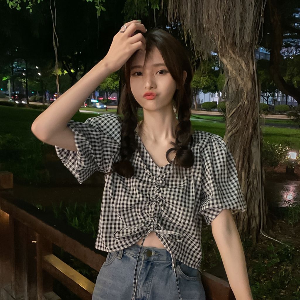 Short Sleeve Shirt Drawstring V-Neck Top