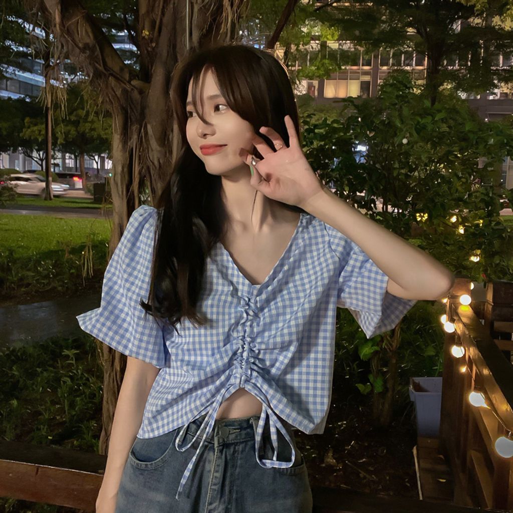 Short Sleeve Shirt Drawstring V-Neck Top