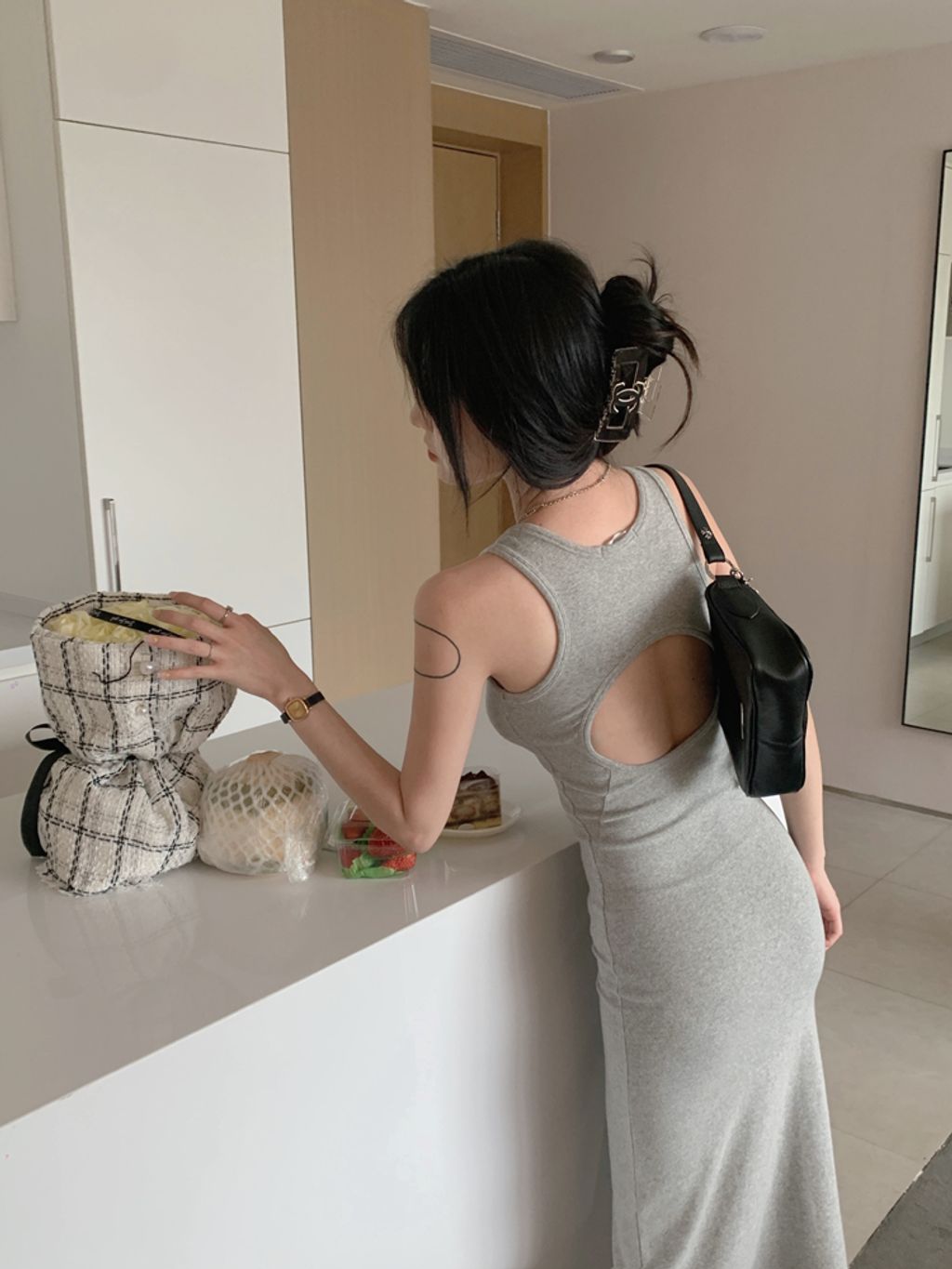 Slim Fit Long Dress Open Back Mid Length