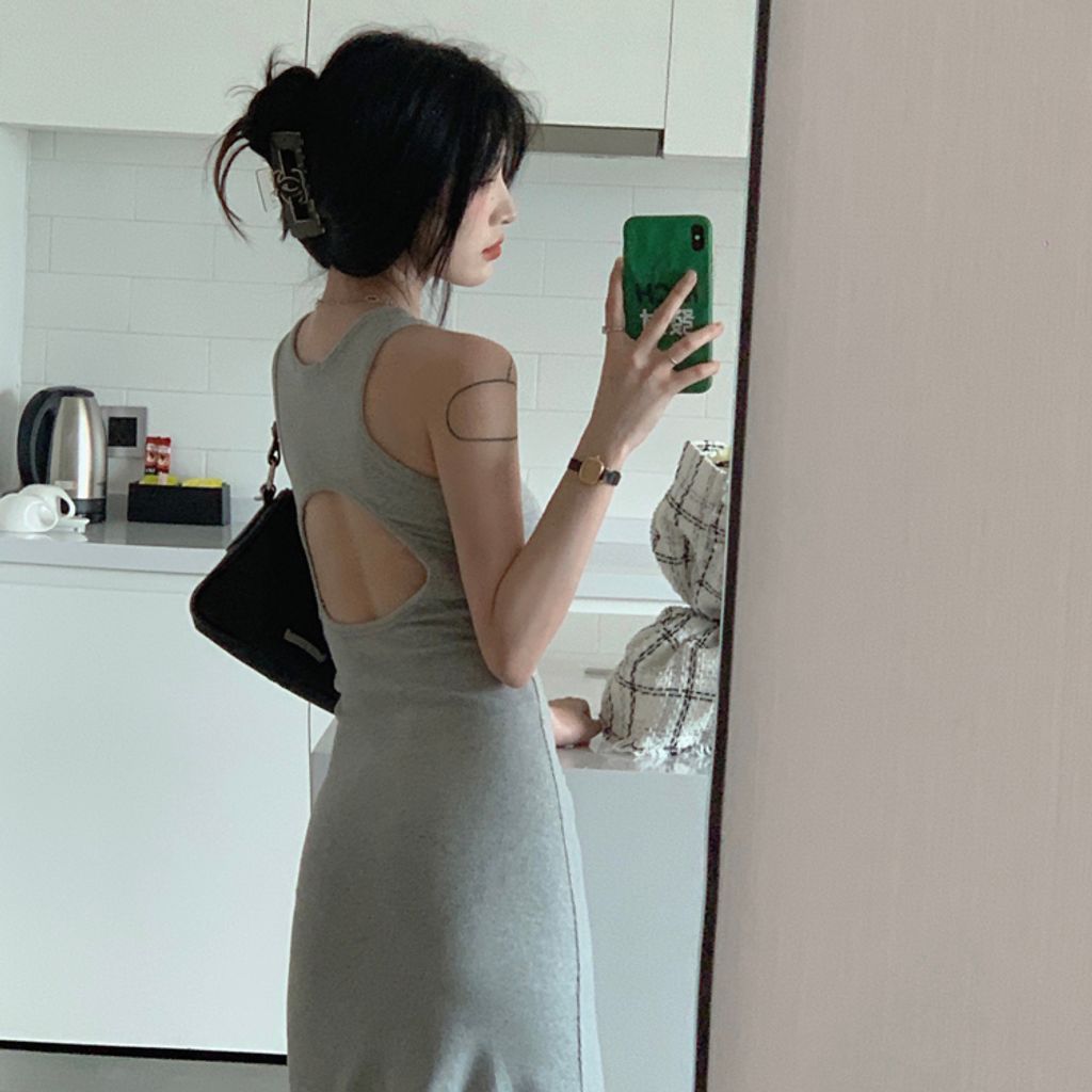 Slim Fit Long Dress Open Back Mid Length