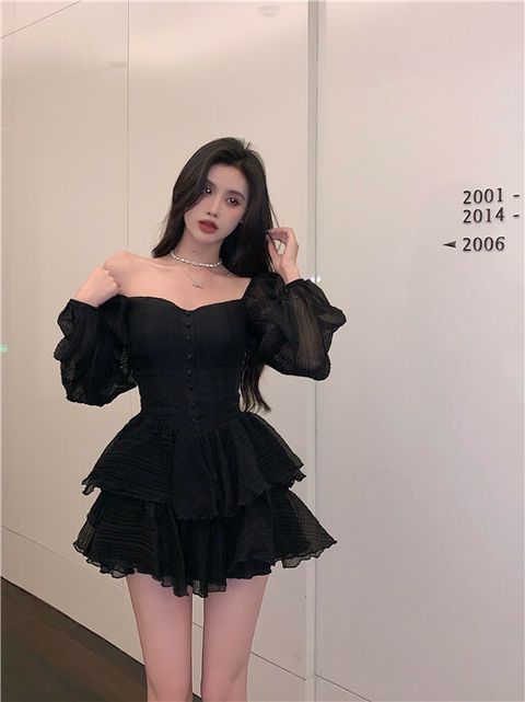 Puff Sleeves Chiffon Dress