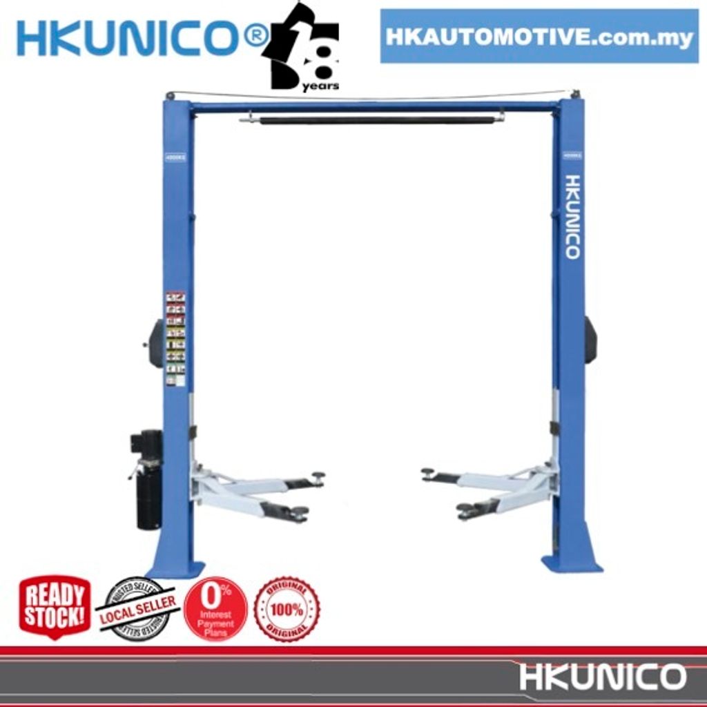 HKUNICO HTL3840E 4-Ton clear-floor two-post lift with overhead beam