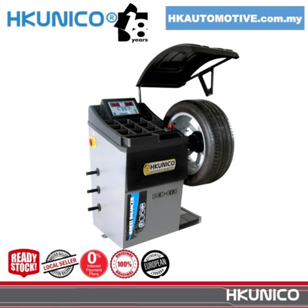 HKUNICO DCB-E13 digital display electronic wheel balancer machine with LED spotlight and laser line system for garage workshop.