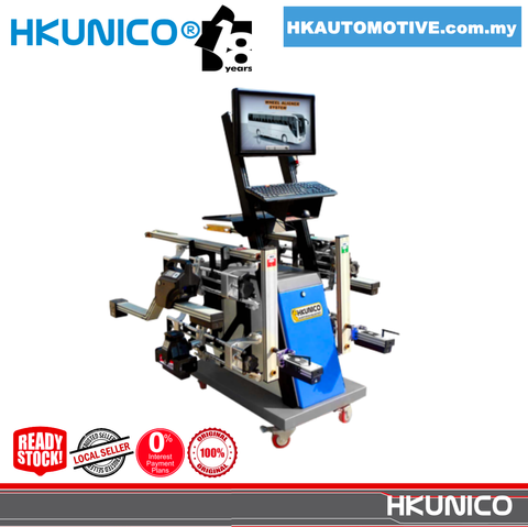 HKUNICO HWA-T18 CCD Truck Wheel Aligner with movable control cabinet and 4-point wheel clamps for heavy duty commercial vehicles.