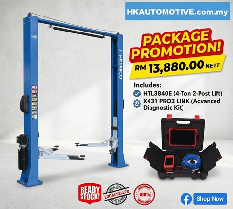 HKUNICO HTL3840E 4-ton two-post car lift and LAUNCH X431 PRO3 LINK advanced diagnostic kit package promotion RM13880 NETT by HK Automotive Malaysia