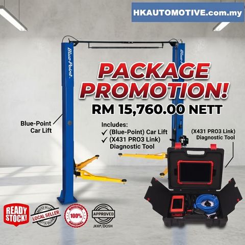 JKKP DOSH approved Blue-Point 4-ton two-post lift and LAUNCH X431 PRO3 LINK advanced diagnostic tool combo promotion RM15760 NETT by HK Automotive Malaysia