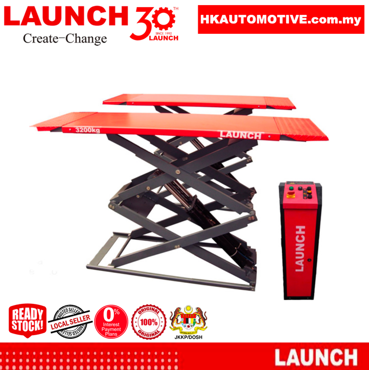 LAUNCH TLT635AF 3.5-Ton full-rise low profile on-ground type scissor lift inside a car workshop