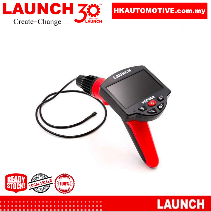 Mechanic using LAUNCH VSP808 inspection camera to check car engine cylinder