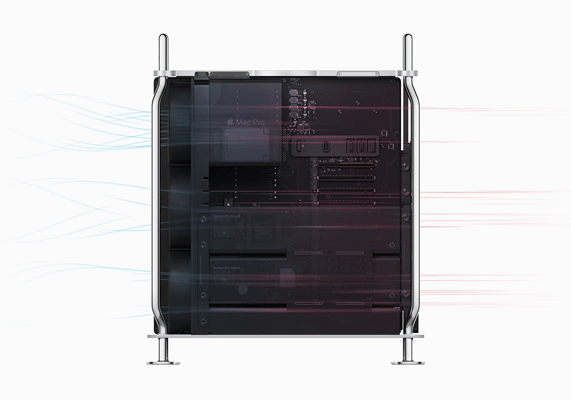 Mac Pro’s state-of-the-art thermal architecture showing air flow.
