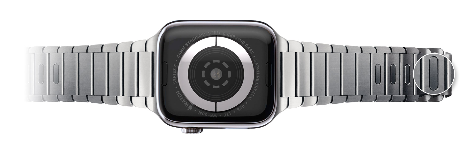 Quick release buttons on watch band links.