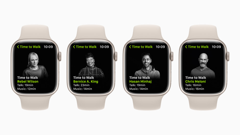 Four Apple Watch Series 7 devices with Time to Walk episodes from Rebel Wilson, Bernice A. King, Hasan Minhaj, and Chris Meloni.