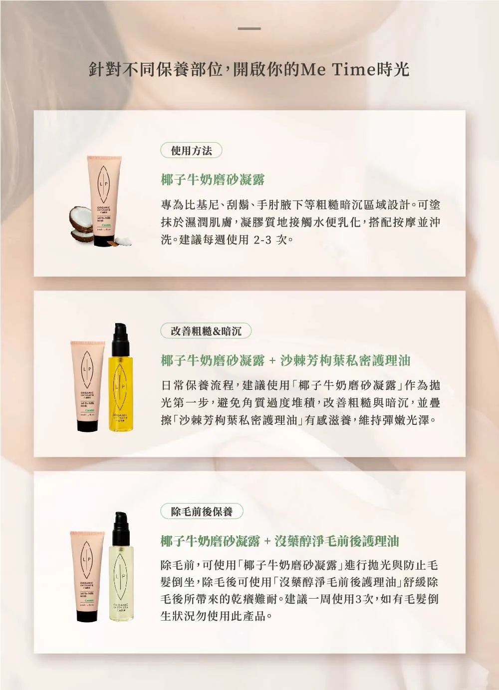 Lip Intimate Care椰子牛奶磨砂凝露使用方法