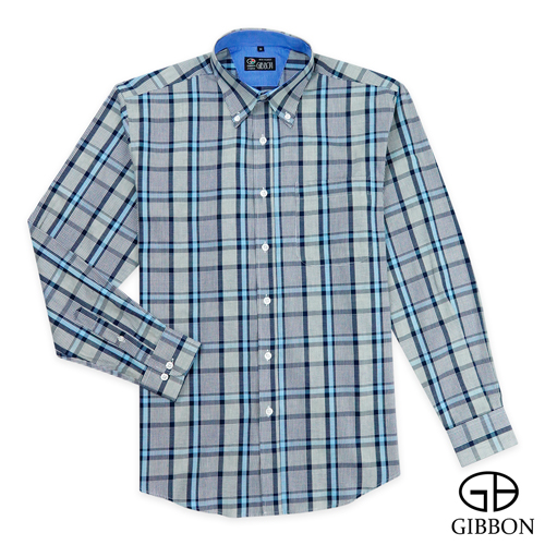 GIBBON 英倫風格紋休閒長袖襯衫水藍灰格-後背單摺款