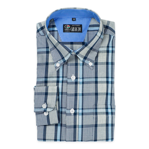 GIBBON 英倫風格紋休閒長袖襯衫水藍灰格-後背單摺款-3