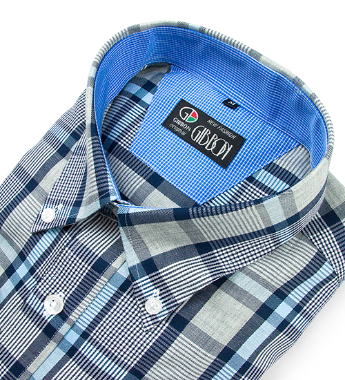 GIBBON 英倫風格紋休閒長袖襯衫水藍灰格-後背單摺款-5