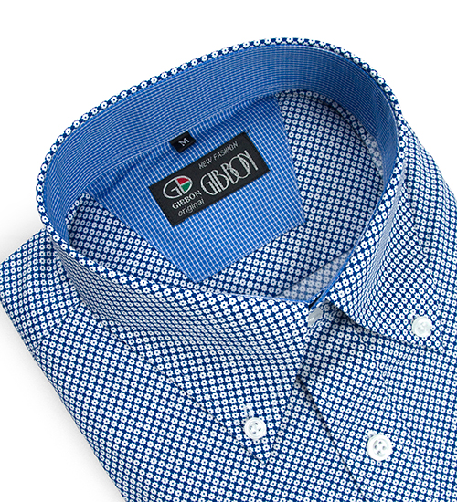 GIBBON 滿版小齒輪紋路裝飾休閒長袖襯衫‧藍白紋-3