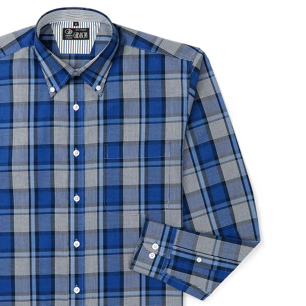 GIBBON 英倫風格紋休閒長袖襯衫藍色格-5