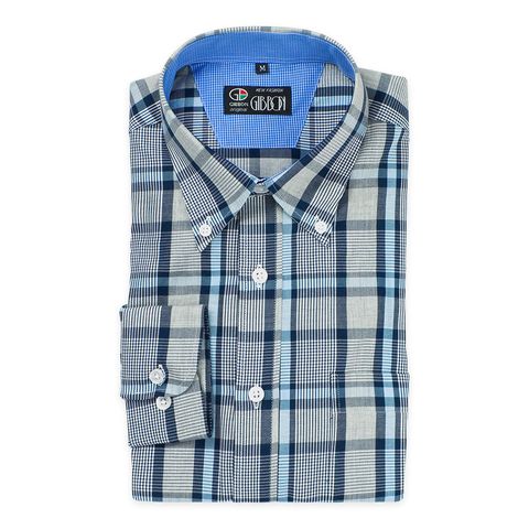 GIBBON 英倫風格紋休閒長袖襯衫水藍灰格-後背單摺款-2